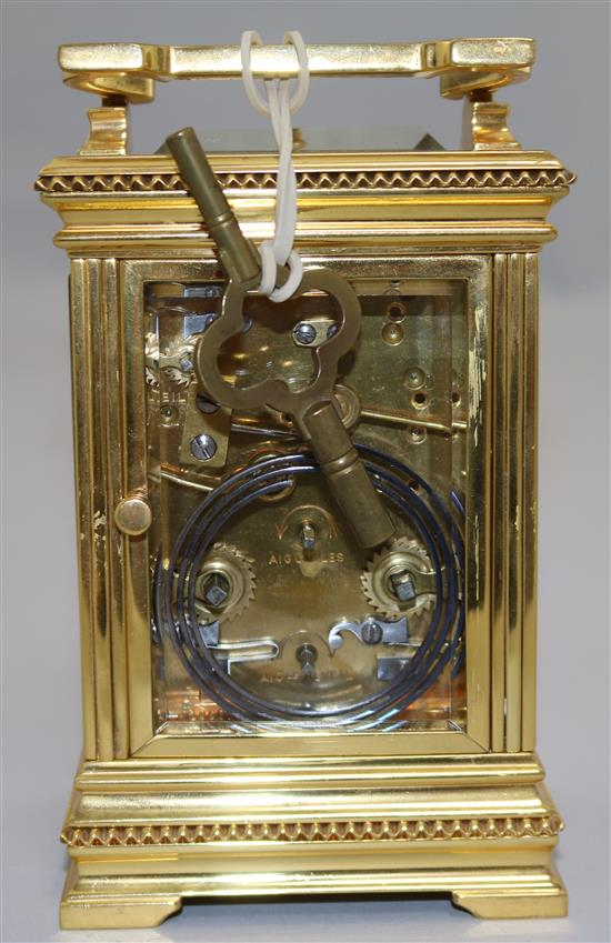 A late 19th century French hour repeating ormolu carriage clock, 6in.